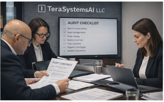 Enterprise audit checklist review – professionals examining compliance documents in a formal boardroom setting